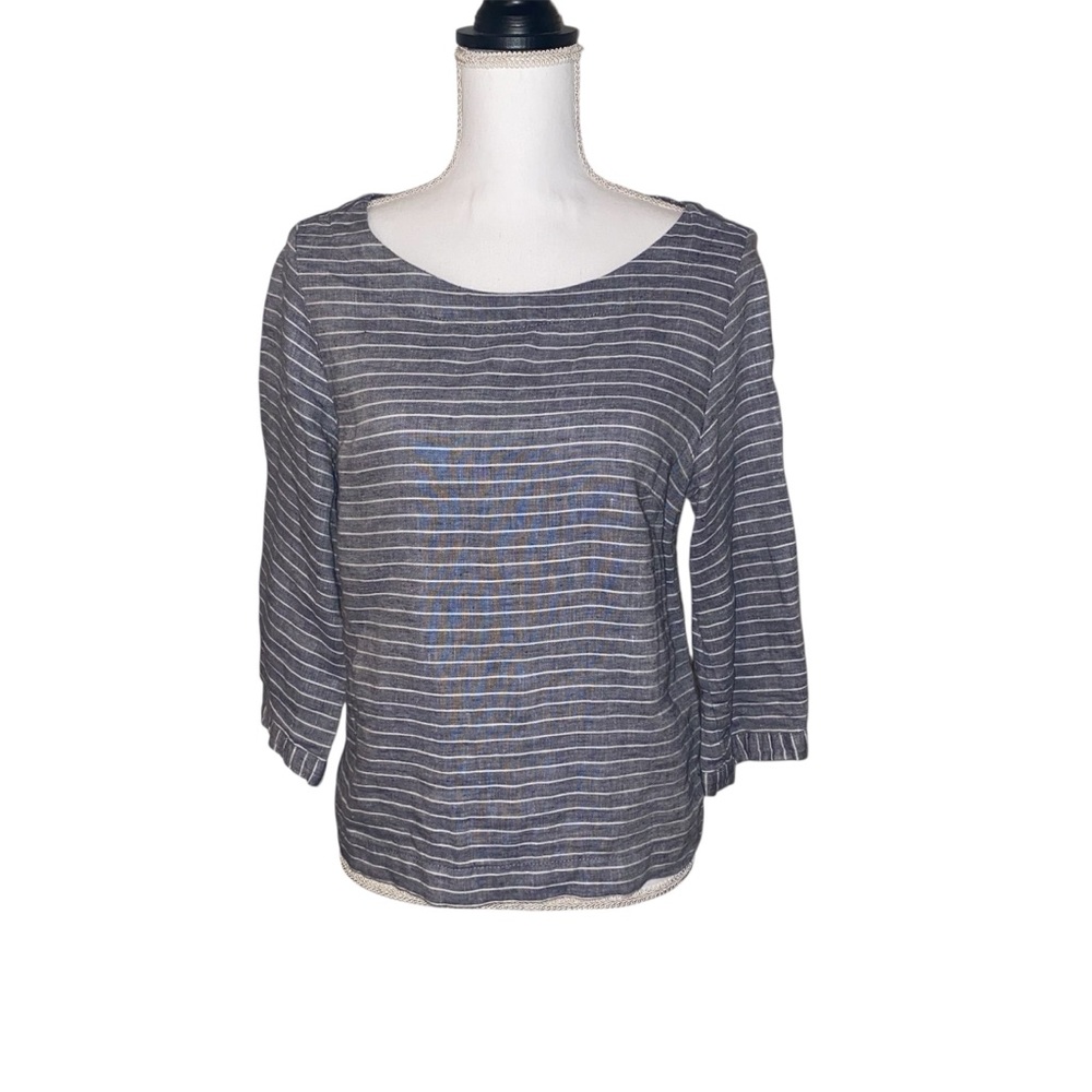 TAHARI Striped 100% Linen Shirt Blouse Size Small Blue White Coastal Beachy